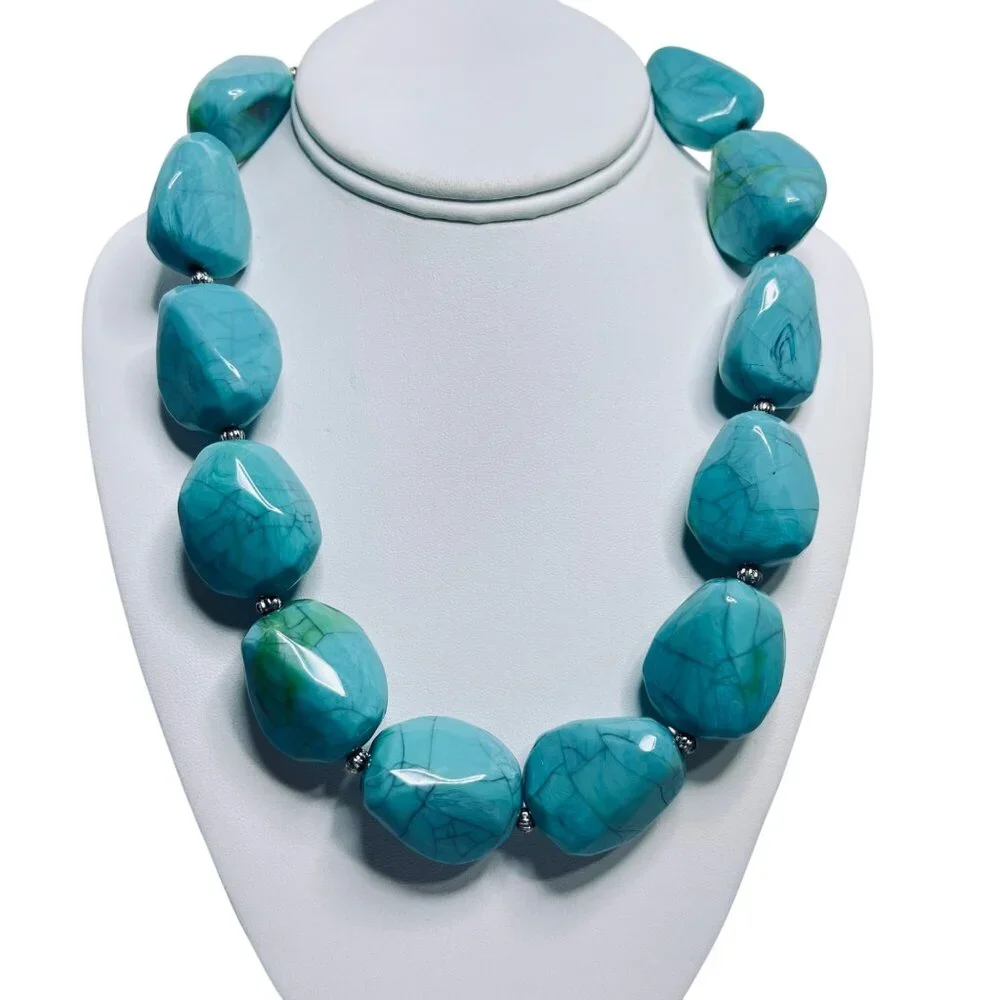 Robert J Graziano Chunky Faux Turquois And Silver Tone Necklace (5804) - Picture 1 of 7